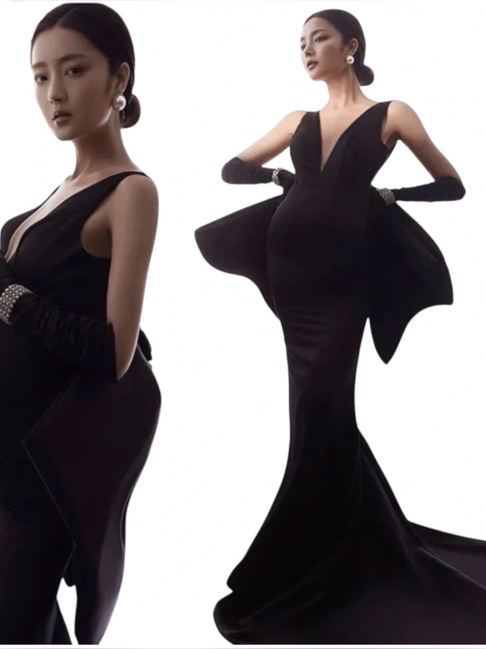 Elegant Black Sculptural Evening Gown - V-Neck Mermaid Dress